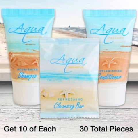 Aqua Organics 30 Piece Hotel Bath Toiletry Supply Bundles for Vacation Rentals | GuestOutfitters.com