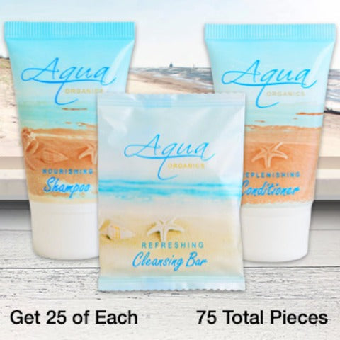 Aqua Organics 75 Piece Beach Motel Bath Toiletry Supply Bundles for Vacation Rentals | GuestOutfitters.com