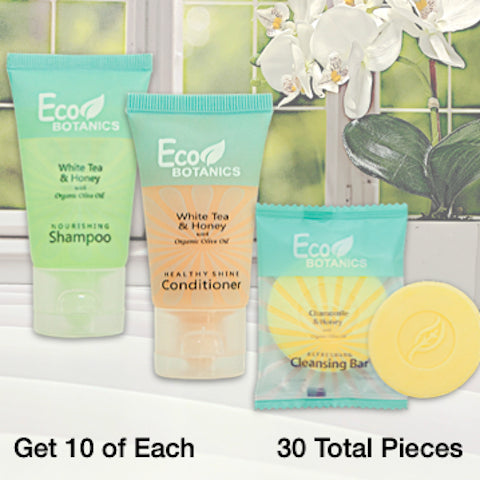 Eco Botanics 30 Piece Hotel Bath Toiletry Bundles for Vacation Rentals | GuestOutfitters.com