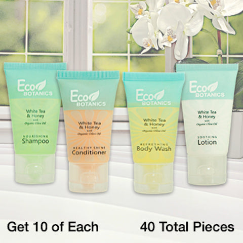 Eco Botanics White Tea & Honey 40 Piece Hotel Bath Amenity Bundles for Vacation Rentals | GuestOutfitters.com