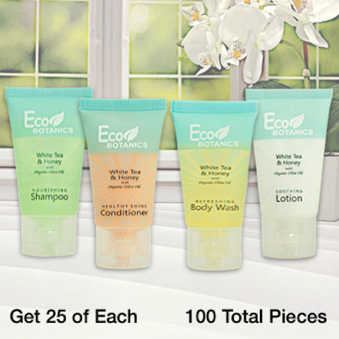 Eco Botanics 100 Piece Hotel Size Shampoo, Conditioner, Body Wash & Lotion Bundles for Vacation Rentals | GuestOutfitters.com