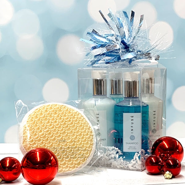 Infuse gift box spa collection of shampoo, conditioner, body wash and lotion l GuestOutfitters.com