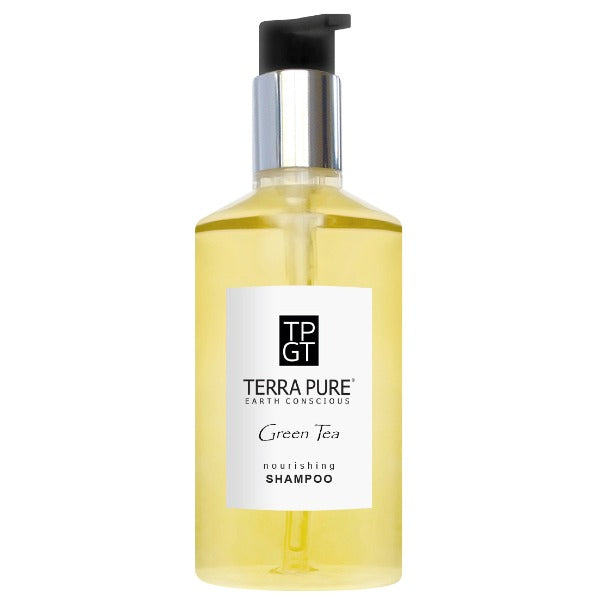 Terra Pure Green Tea Shampoo in 10.14 oz Refillable Pump Bottles for Vacation Rentals, BNBs Supplies | GuestOutfitters.com