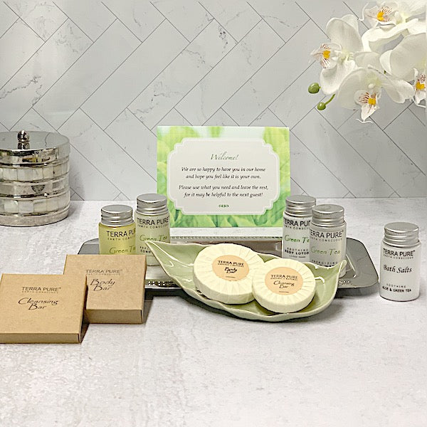 Terra Pure Green Tea Luxury Bath Amenities and Custom Cards for Vacation Rentals | GuestOutfitters.com