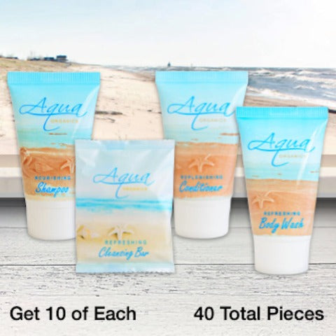 Aqua Organics 40 Piece Motel Bath Toiletry Supply Bundles for Vacation Rentals | GuestOutfitters.com