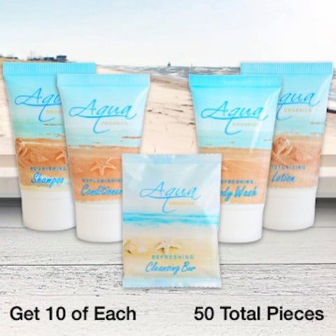Aqua Organics 50 Piece Beach Hotel Bath Toiletry Supply Bundles for Vacation Rentals | GuestOutfitters.com