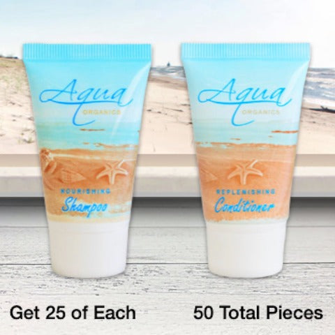 Aqua Organics 50 Piece Hotel Bath Toiletry Supply Bundles for Vacation Rentals | GuestOutfitters.com