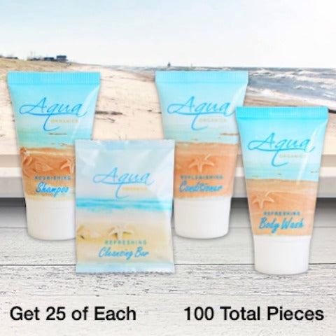 Aqua Organics 100 Piece Beach Hotel Bath Toiletry Supply Bundles for Vacation Rentals | GuestOutfitters.com