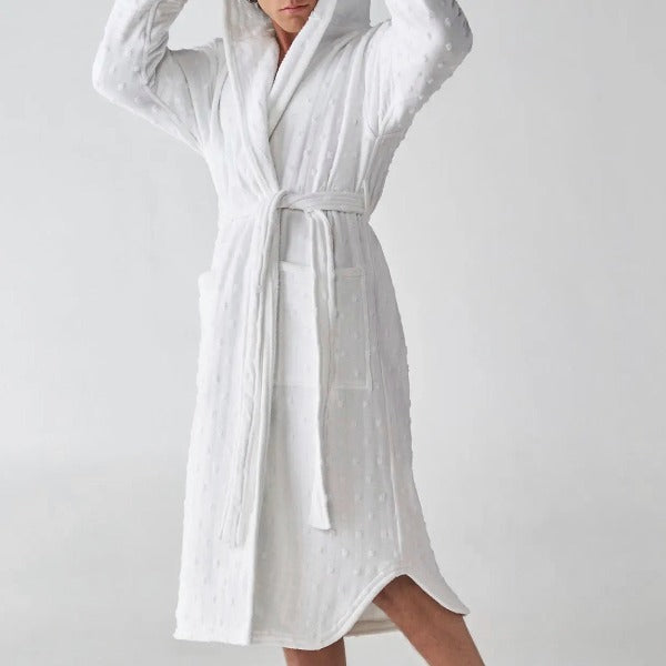 Luxurious Designer Unisex Velour Terry Bathrobe with Hood and Shirt Tail Hem for Hotels, Vacation Rentals and BNBs | GuestOutfitters.com