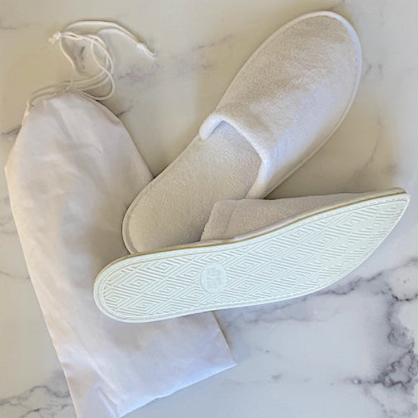 Luxury Velour Microterry Disposable Hotel Slippers with No-Skid PVC Soles with Drawstring Dust Cover Bag| GuestOutfitters.com 