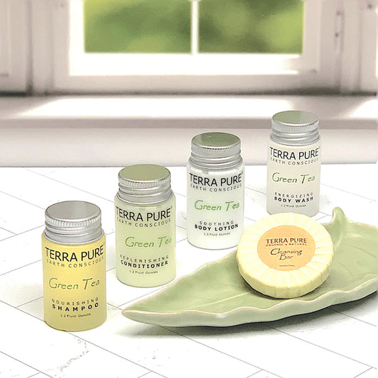 Terra Pure Green Tea Vacation Rental Hotel Bath Toiletry Supply Bundle Sets | GuestOutfitters.com