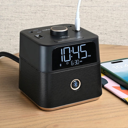 Hotel Night Stand Power Cube with Alarm Clock, Bluetooth Speakers, Power Outlets, USB-A and USB-C Ports | GuestOutfitters.com