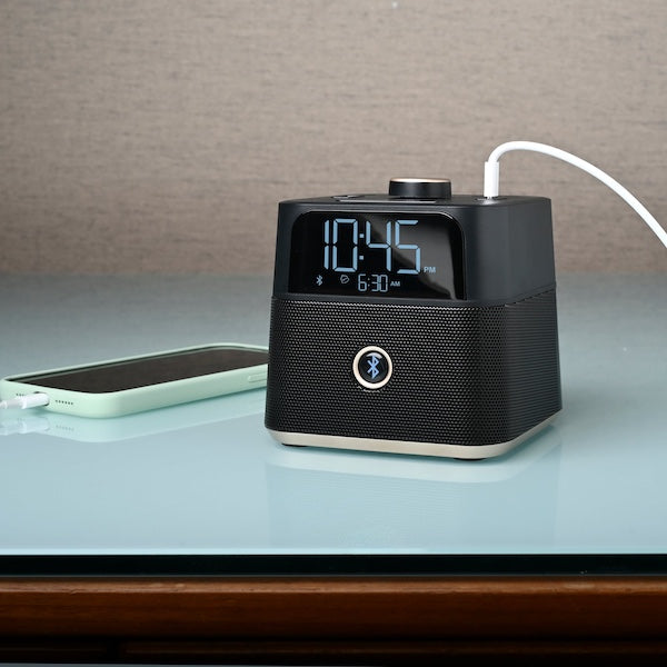 Night Stand Charging Cube with Alarm Clock, Bluetooth Speakers, Power Outlets, USB-A and USB-C Ports | GuestOutfitters.com