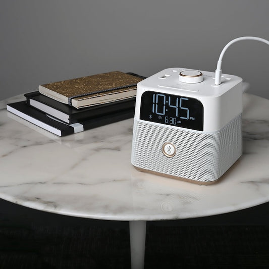 Hotel Charging Cube with Alarm Clock, Bluetooth Speakers, Power Outlets, USB-A and USB-C Ports | GuestOutfitters.com