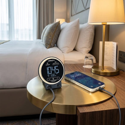 Vacation Rental Mini Alarm Clock with USB-C Charging Ports, White Noise and Night Light | Guest Outfitters.com