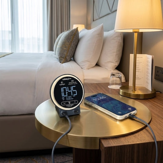 Vacation Rental Mini Alarm Clock with USB-C Charging Ports, White Noise and Night Light | Guest Outfitters.com