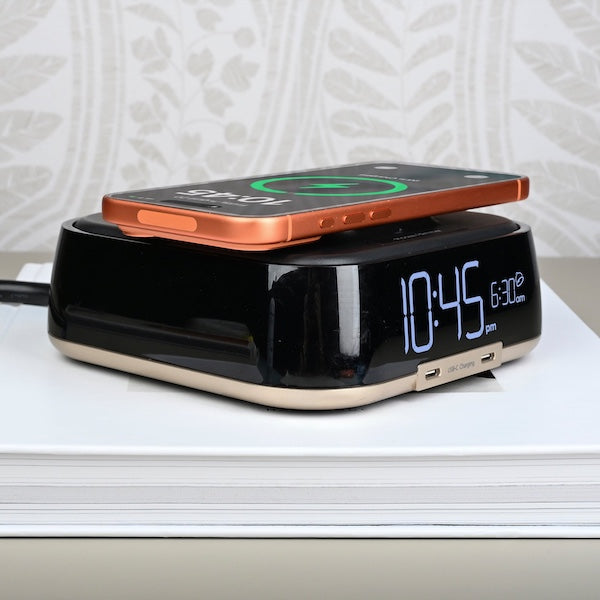 Wireless Qi Charging Power Cube with Alarm Clock for hotel guest rooms | GuestOutfitters.com