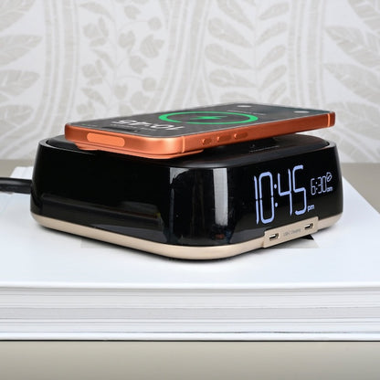 Wireless Qi Charging Power Cube with Alarm Clock for hotel guest rooms | GuestOutfitters.com