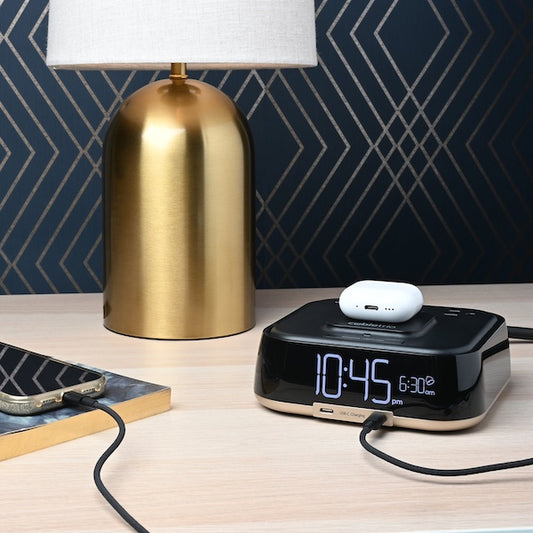 Wireless Qi Charging Power Cube with Alarm Clock for Hotels | GuestOutfitters.com