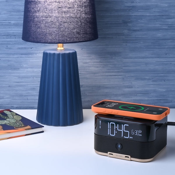 Bluetooth Wireless Qi Charging Power Cube and Alarm Clock for vacation rentals | GuestOutfitters.com