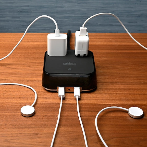 Hotel Tabletop Qi Wireless Power Cube with 2 Power Outlets and 2 USB-C Ports | GuestOutfitters.com