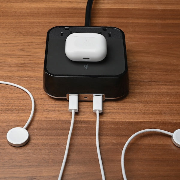 Vacation Rental Tabletop Qi Wireless Power Cube with 2 Power Outlets and 2 USB-C Ports | GuestOutfitters.com