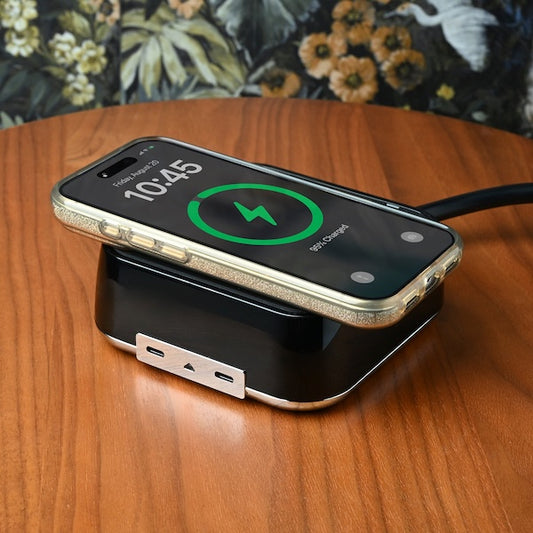Guestroom Tabletop Qi Wireless Power Cube with 2 Power Outlets and 2 USB-C Ports | GuestOutfitters.com
