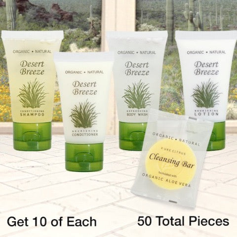 Desert Breeze 50 Piece Hotel Bath Toiletry Bundle Supplies for Vacation Rentals | GuestOutfitters.com