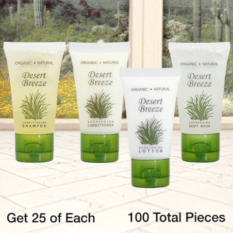 Desert Breeze 100 Piece Motel Bath Toiletry Bundles of Shampoo, Conditioner, Body Wash and Lotion | GuestOutfitters.com