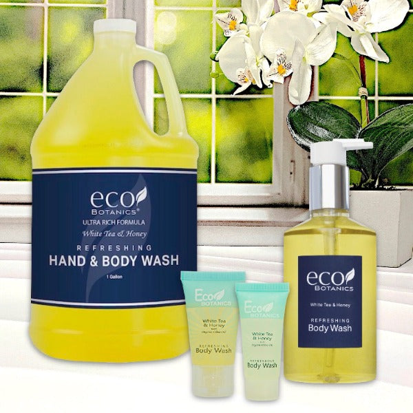 Eco Botanics White Tea Hotel Body Wash in Refillable Pump Bottles and Gallons | GuestOutfitters.com