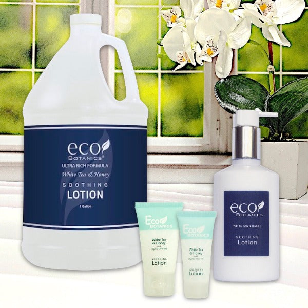 Eco Botanics White Tea Hotel Lotion in 4 Sizes for Vacation Rental Bath Supplies | GuestOutfitters.com