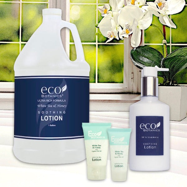 Eco Botanics White Tea Hotel Lotion in Refillable Pump Bottles and Gallons | GuestOutfitters.com