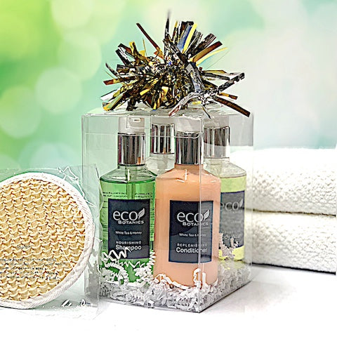 Eco Botanics gift box toiletry set of shampoo, conditioner, body wash and lotion | GuestOutfitters.com