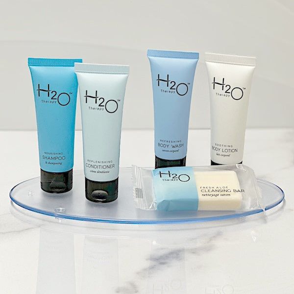 Bath Amenity Display Tray with H2O Therapy Toiletries | GuestOutfitters.com