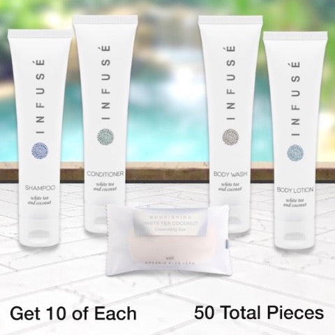 Infuse White Tea 50 Piece Resort Bath Toiletry Bundles for Luxury Vacation Rentals | GuestOutfitters.com