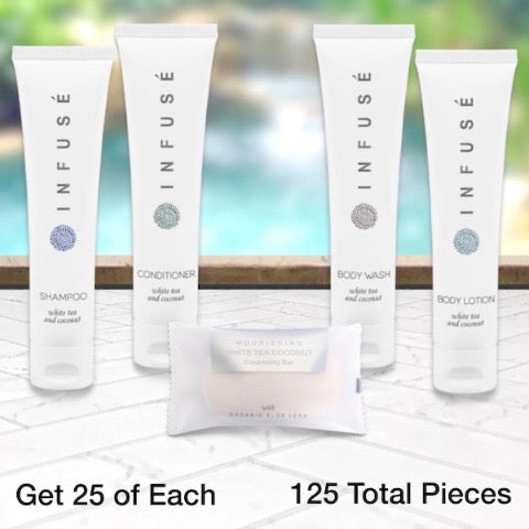 Infuse White Tea 125 Piece Luxury Hotel Bath Toiletry Bundles for Vacation Rentals | GuestOutfitters.com