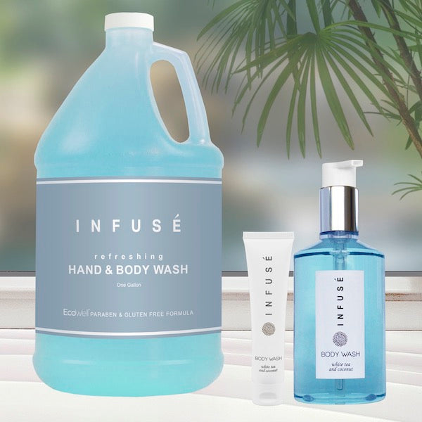 Infuse White Tea and Coconut Hotel Body Wash in Gallons, Refillable Pump Bottles and Tubes for Vacation Rentals | GuestOutfitters.com