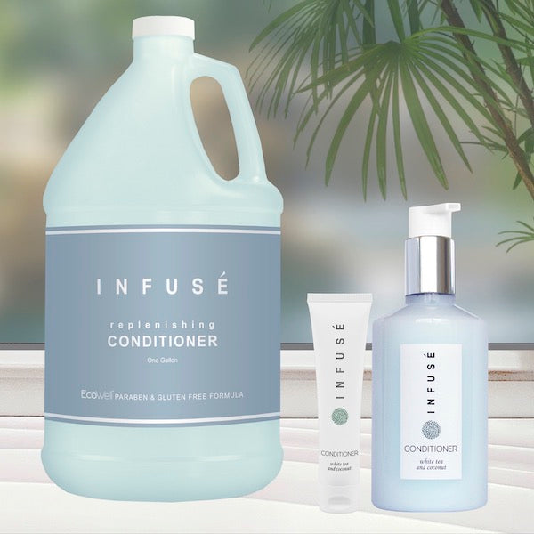 Infuse White Tea and Coconut Hotel Conditioner in Gallons, Refillable Pump Bottles and Tubes for Vacation Rentals | GuestOutfitters.com