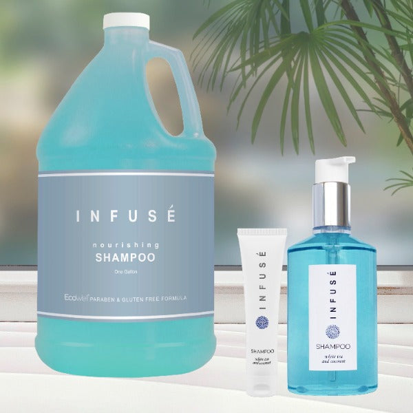 Infuse White Tea Shampoo Toiletries in Gallons, Refillable Pump Bottles and Hotel Size Tubes | GuestOutfitters.com