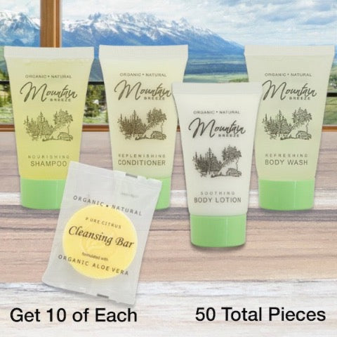 Mountain Breeze 50 Piece Hotel Bath Toiletry Bundles for Lodges and Vacation Rentals | GuestOutfitters.com