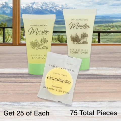 Mountain Breeze 75 Piece Hotel Bath Toiletry Bundles for Cabin Vacation Rentals | GuestOutfitters.com