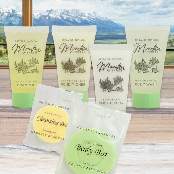 Mountain Cabin Themed Hotel Size Toiletries and Soap Bars | GuestOutfitters.com