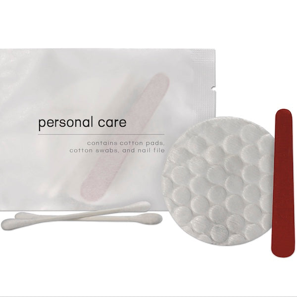 Personal care kit with cotton pads, swabs, nail file, in elegant frosted paper packaging | GuestOutfitters.com