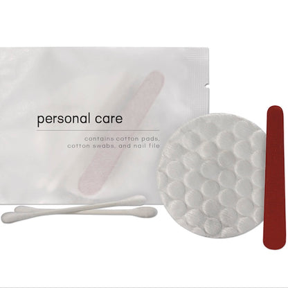 Personal care kit with cotton pads, swabs, nail file, in elegant frosted paper packaging | GuestOutfitters.com