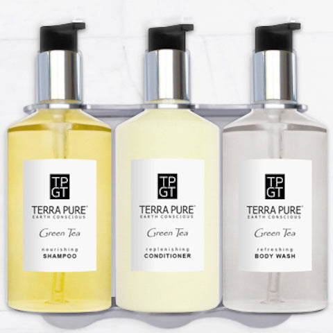 Eco Lux Chrome Bath Dispenser for Terra Pure Green Tea Shampoo, Conditioner & Body Wash | GuestOutfitters.com