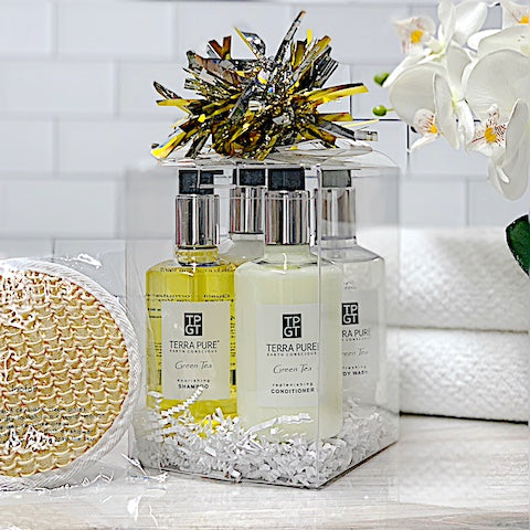 Terra Pure Green Tea gift toiletry set of shampoo, conditioner, body wash and lotion l GuestOutfitters.com
