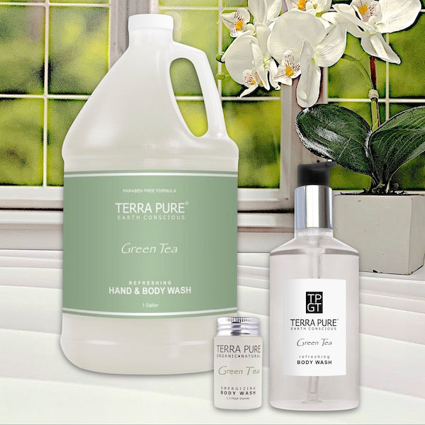 Terra Pure Green Tea Hotel Body Wash in 3 Sizes for Vacation Rentals | GuestOutfitters.com