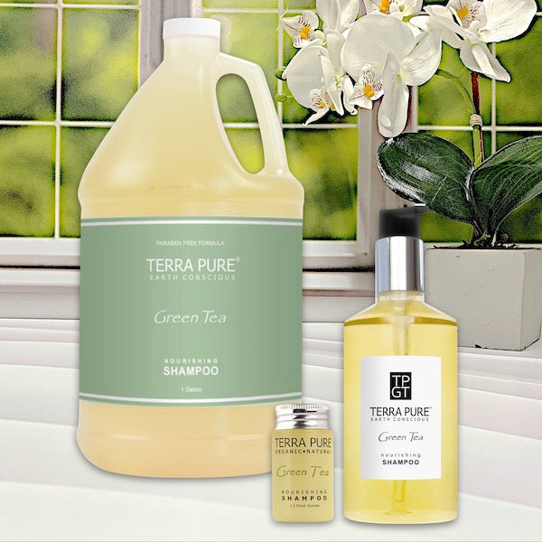 Terra Pure Green Tea Hotel Shampoo in 3 sizes for Vacation Rentals | GuestOutfitters.com