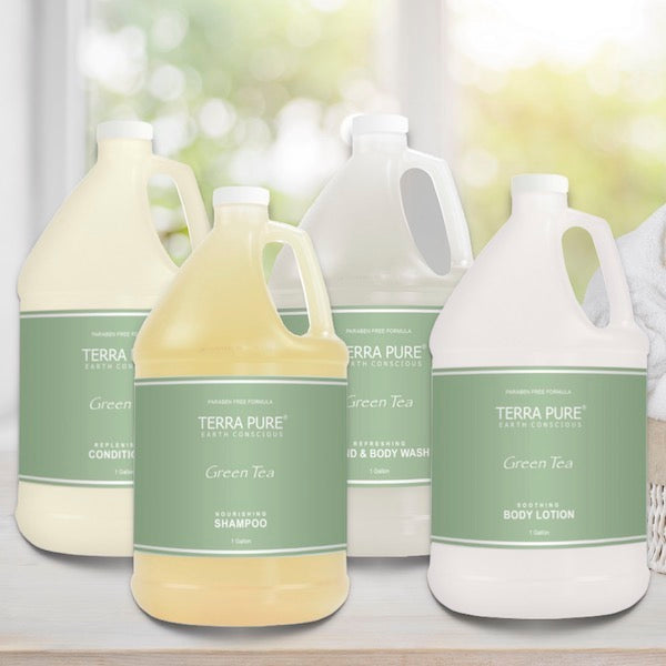Terra Pure Green Tea Bath Toiletry Supplies by the Gallon for Vacation Rentals | GuestOutfitters.com