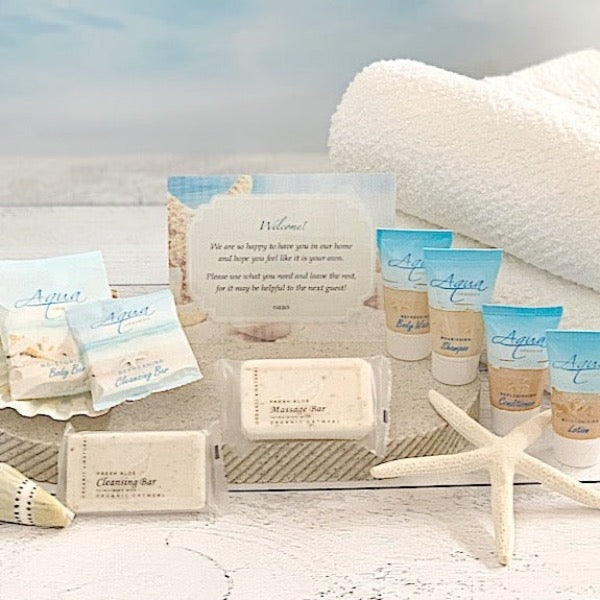 Aqua Organics Beach Themed Hotel Size Bath Toiletries | GuestOutfitters.com